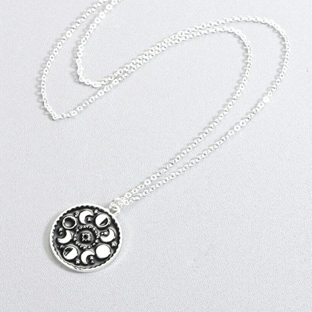 Moon Phases Glow-in-the-Dark Black Silver Necklace - Picture 2 of 3